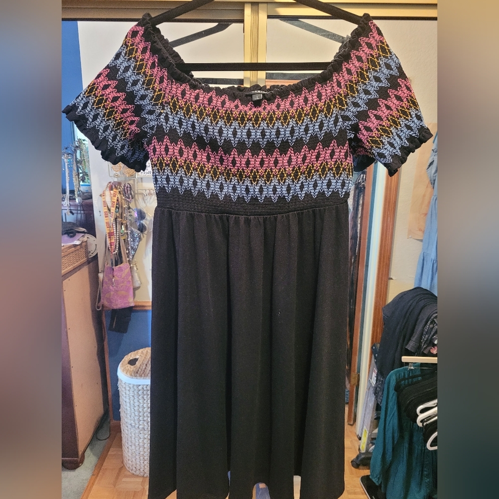 Black Dress with Multicolor Zigzag Pattern